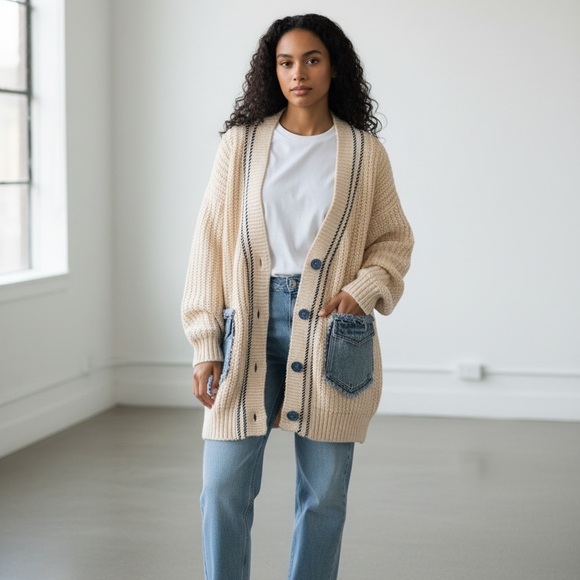 Women's Like Love Beige Cardigan with Denim Pockets S - Picture 7 of 15